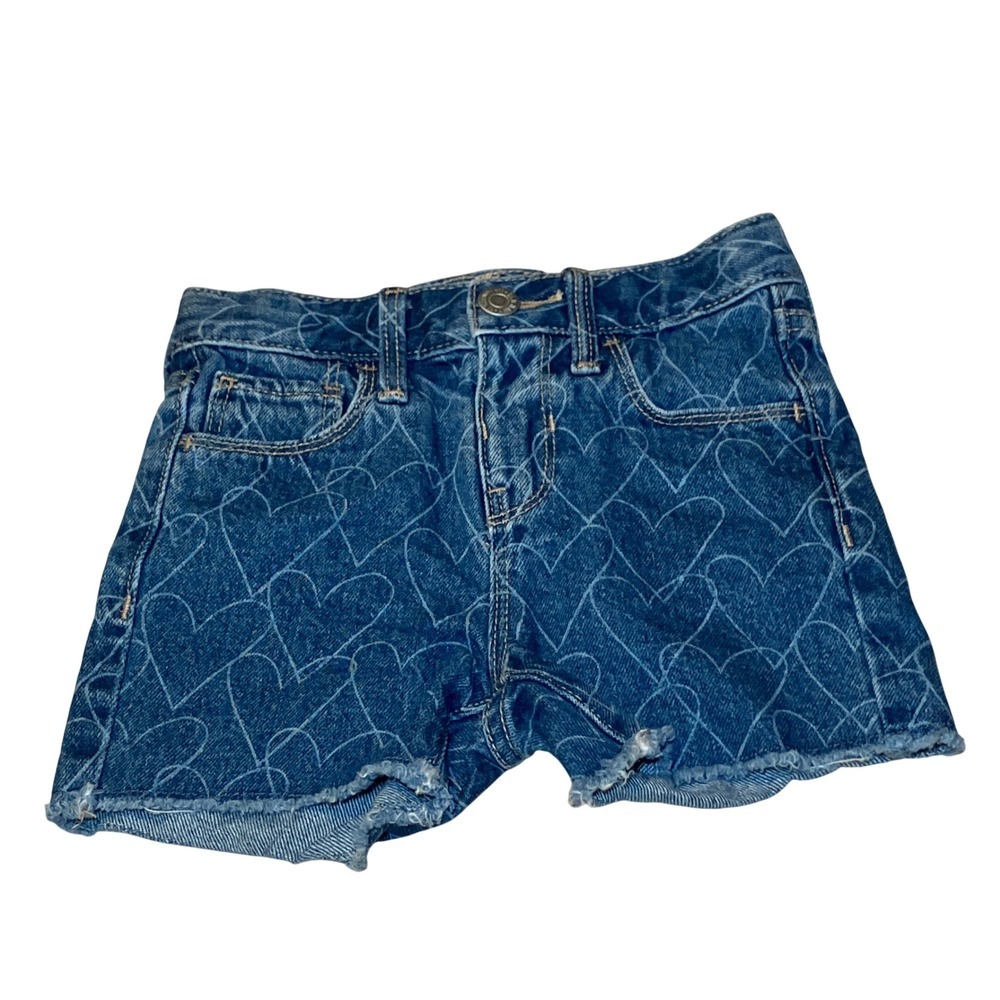 Old Navy Girls Size 4T Heart Print Denim Shorts Blue Medium Wash Frayed Hem